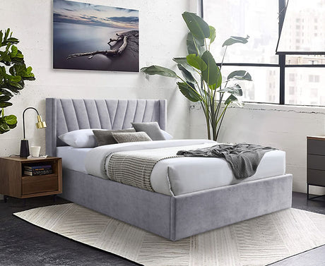 Ellie Grey Upholstered King Storage Bed angled view showing fabric upholstery and storage platform