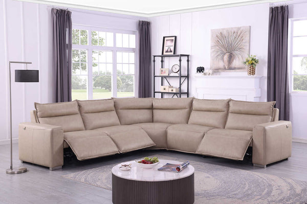 Sierra beige leather reclining sectional front view