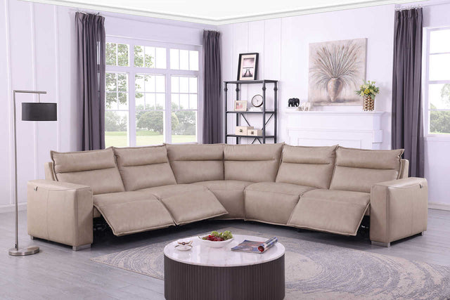 Sierra beige leather reclining sectional front view