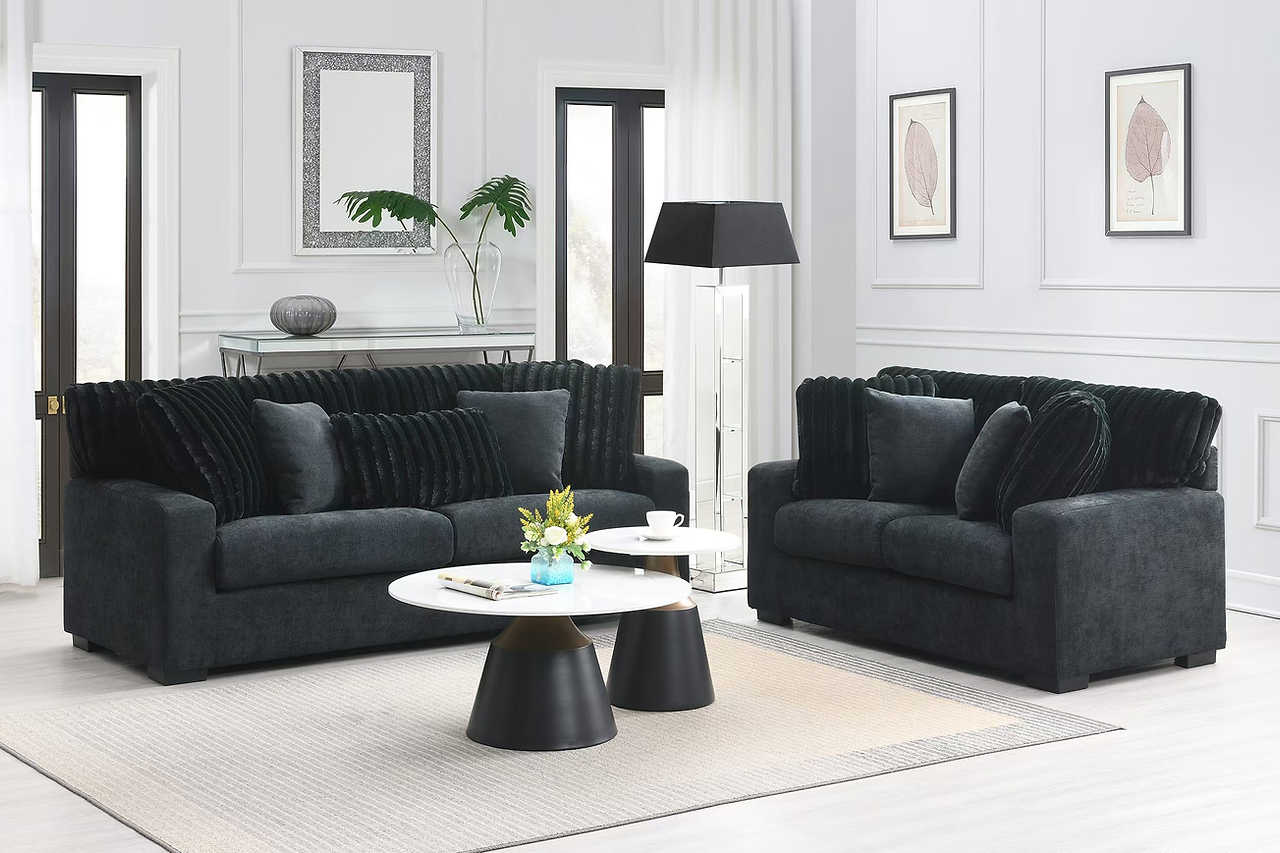 Tarra Black Fabric Living Room Set angled front view