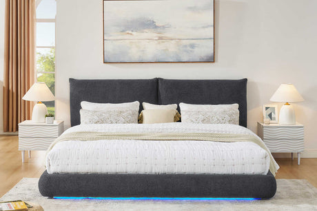 Zima bed side view showing grey teddy fabric upholstery and LED lighting