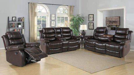 Isabel dark brown reclining sofa and loveseat set front view
