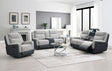 Wilbert Gray fabric reclining sofa with drop down table, reading light, and cupholder in grey color