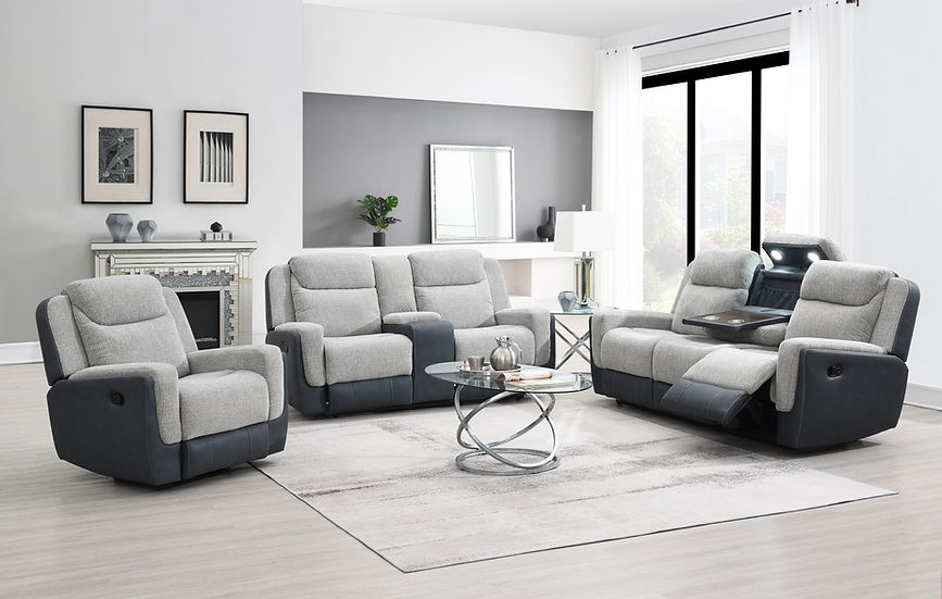 Wilbert Gray fabric reclining sofa with drop down table, reading light, and cupholder in grey color