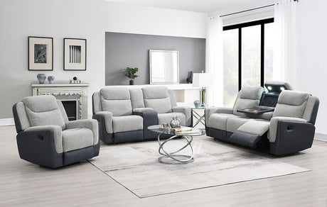 Wilbert Gray fabric reclining sofa with drop down table, reading light, and cupholder in grey color