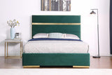 Cartier queen platform bed side view showing green velvet upholstery and wood frame