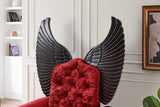 Side view of Lucifur 64" Tall Accent Chair with red fabric and black accents