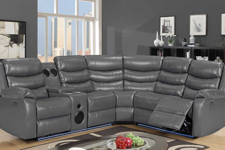 Turbo Grey Power Reclining Sectional sofa angled view showing recliner and console