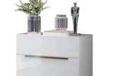 White solid wood nightstand with marble top and two drawers, front view