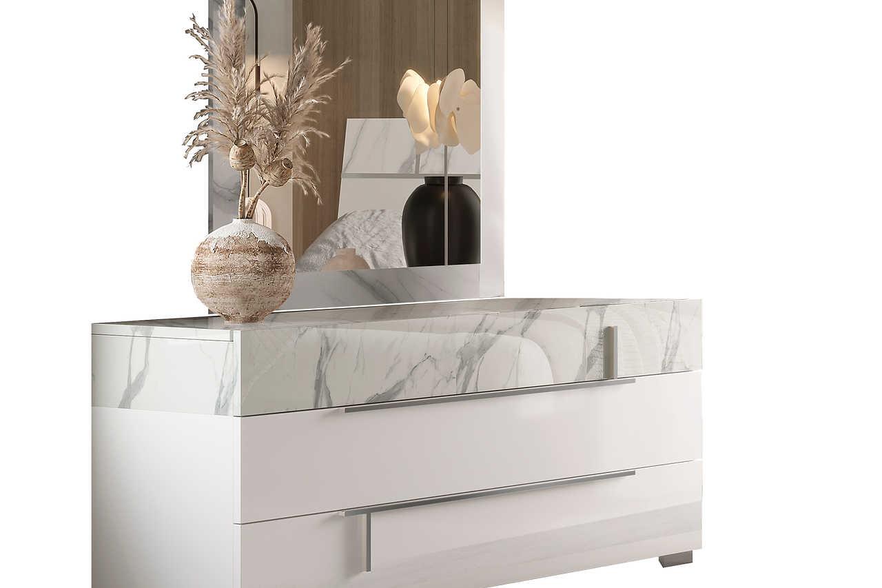 Sunset II White Marble Top Solid Wood Chest drawer details