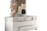 Side angle of Sunset II white solid wood nightstand with marble top