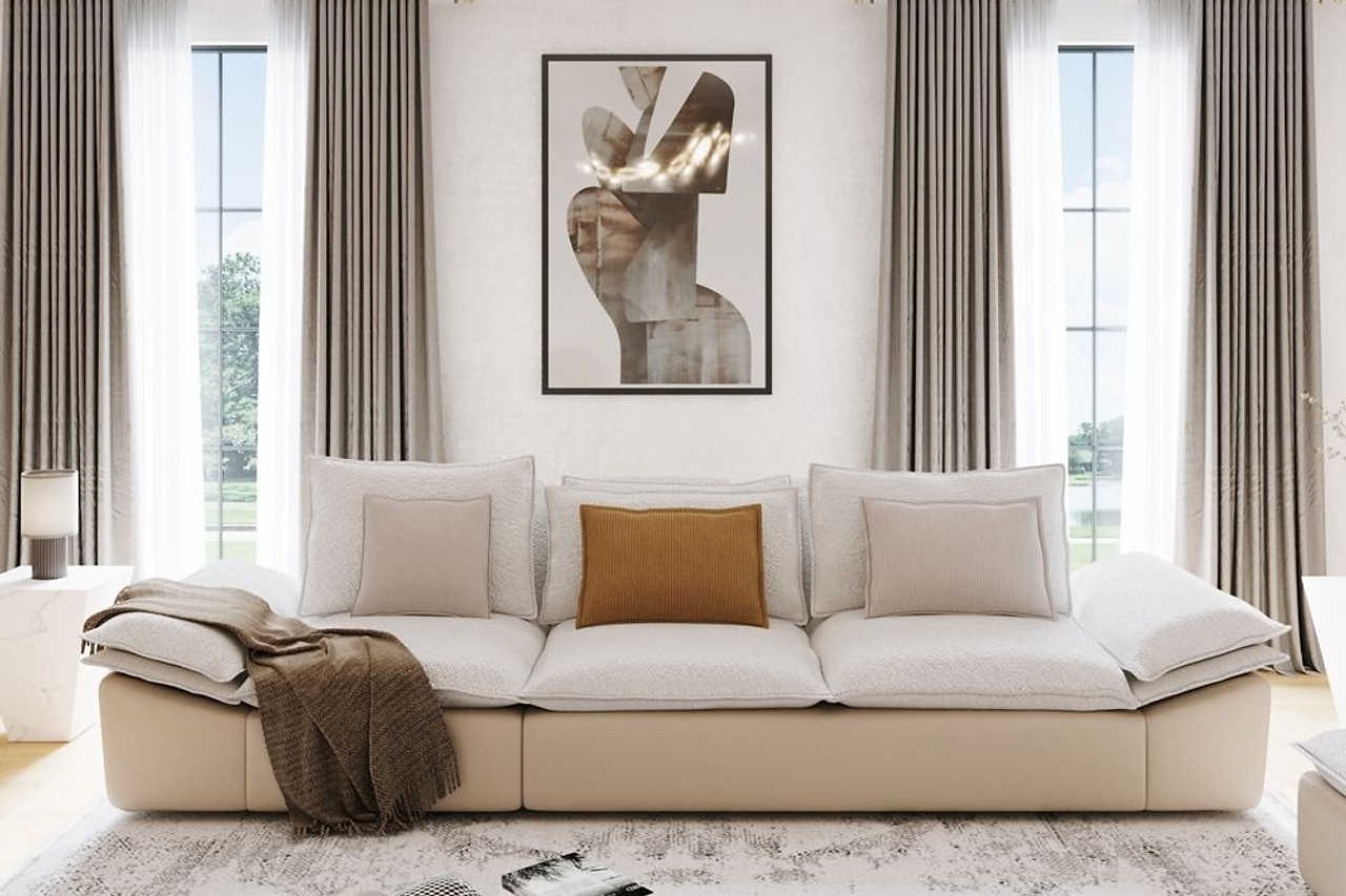 128.34 inch beige velvet 4-seater sofa front view