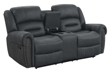 Front angle of Houston dark grey fabric reclining loveseat with metal swivel glider