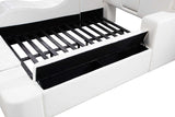 Storage drawer open on white Apollo queen bed