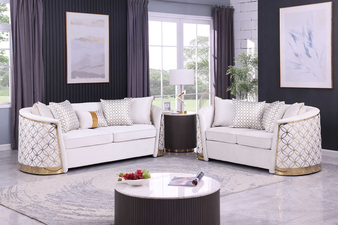 Athena Cream Loveseat side view in cream upholstery