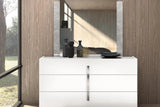Dafne White LED Panel King Bed close-up of solid hardwood frame and upholstery