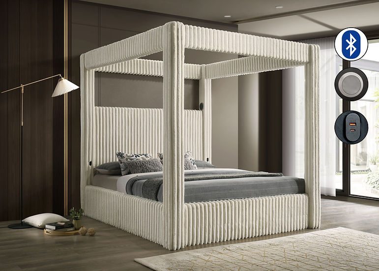 Atlam Cream Upholstered Canopy Platform Queen Bed