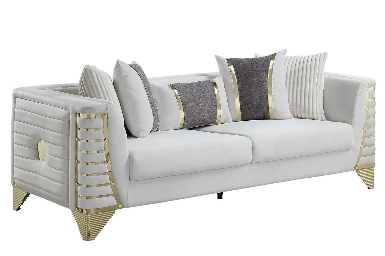 Side view of Donovan Cream Velvet Sofa and Loveseat Set