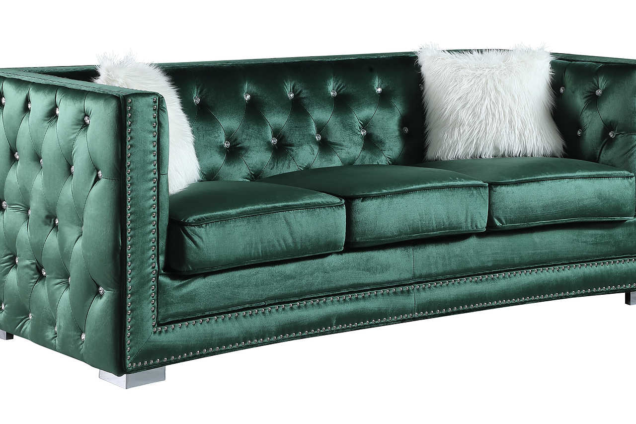 Close-up detail of green velvet upholstery on Paris Living Room Set