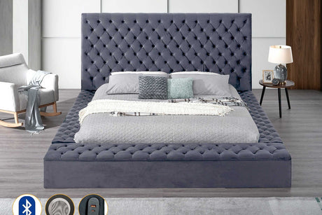 Catalina II grey upholstered tufted queen bed angled front view