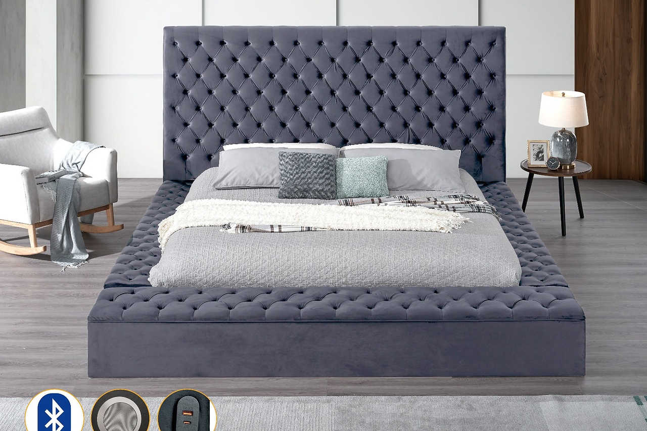 Catalina II grey upholstered tufted king bed headboard close-up