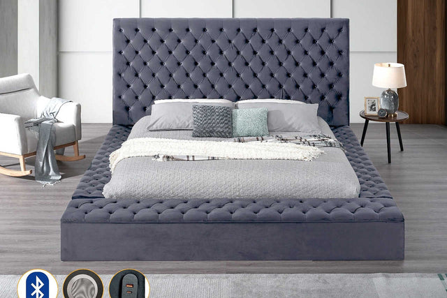 Catalina II grey upholstered tufted king bed headboard close-up