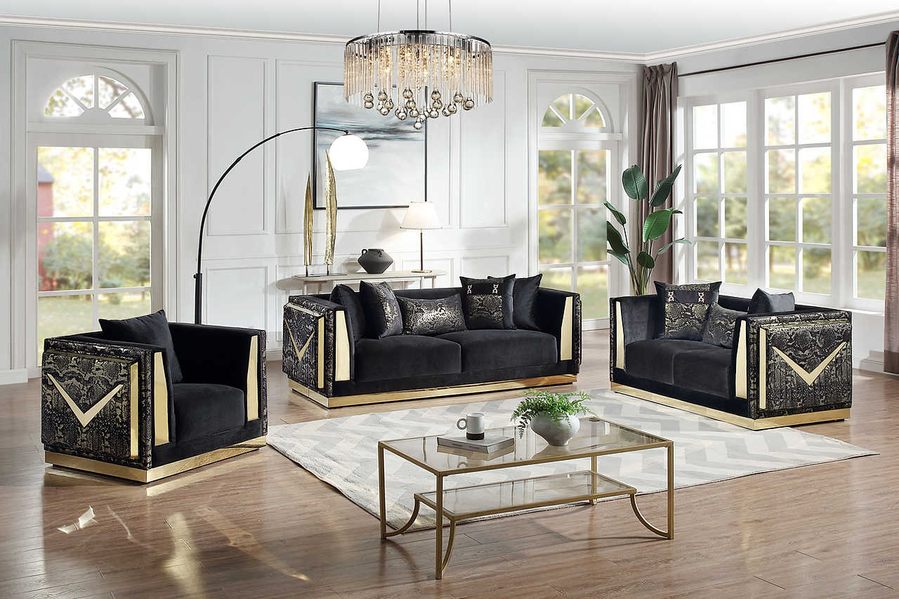 Front view of Monaco Black Velvet Sofa and Loveseat Set