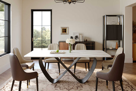 Jewel dining table top angle showing white glossy sintered stone surface
