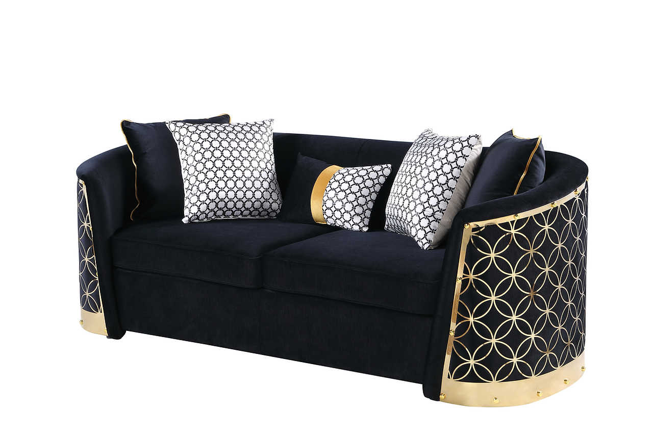 Close-up detail of Athena Black Living Room Set gold metal accents