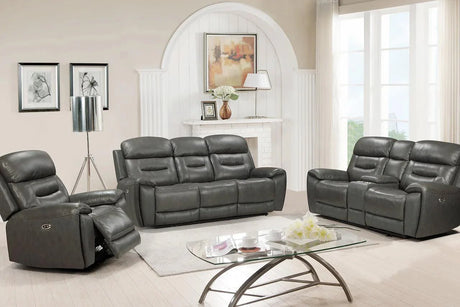 Rosewood Grey Faux Leather Power Reclining Sofa angled view