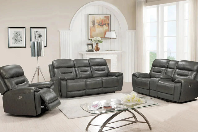 Rosewood Grey Faux Leather Power Reclining Sofa angled view
