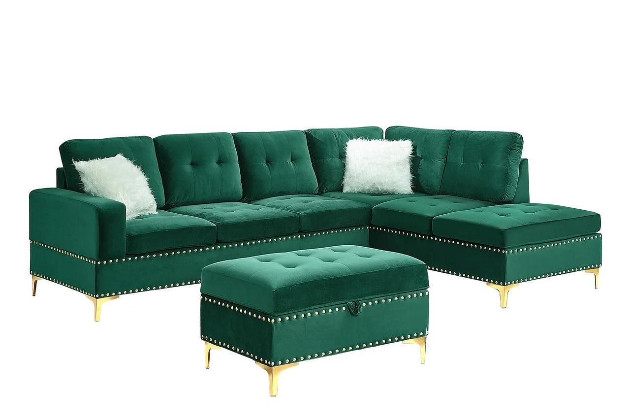 side view of Joy green velvet upholstered tufted sectional sofa with metal legs