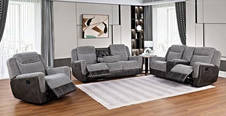 Nisa gray two-tone chenille and air leather reclining sofa front angle