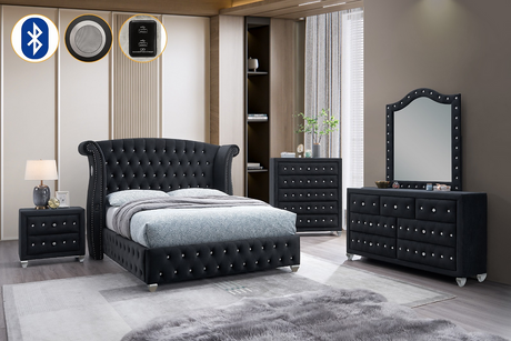 Divina bedroom set black velvet tufted wingback bed front view