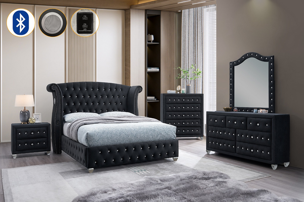 Divina bedroom set black velvet tufted wingback bed front view