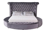 Lux Grey Velvet Tufted Queen Bed angled side view