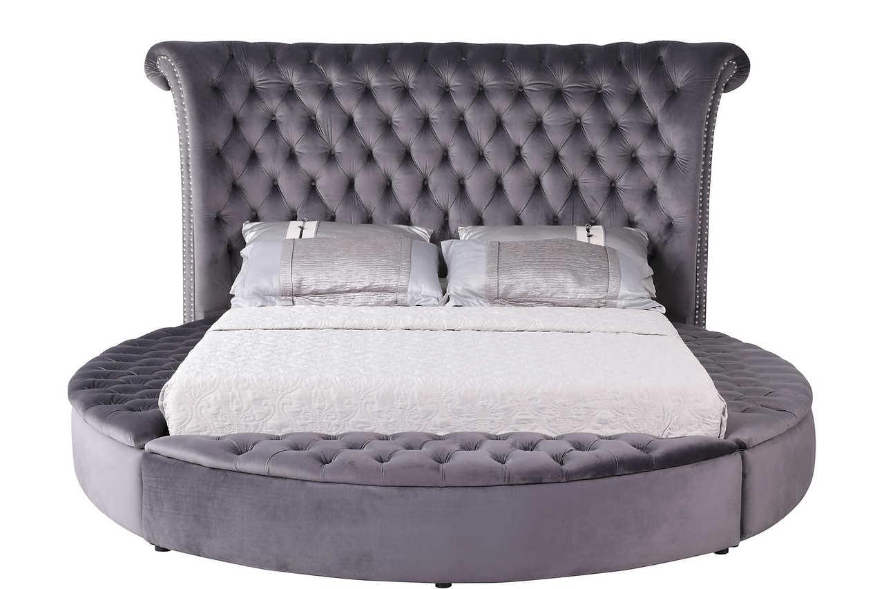 Lux Grey Velvet Tufted Queen Bed angled side view
