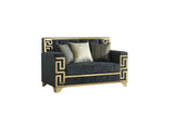 Hira Black Living Room Set angled view of loveseat with plush pillows
