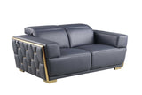 Close-up of Hexor navy Italian leather upholstery and gold accents