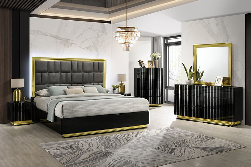 main view of Lila Black Gold Upholstered Platform Bedroom Set bed