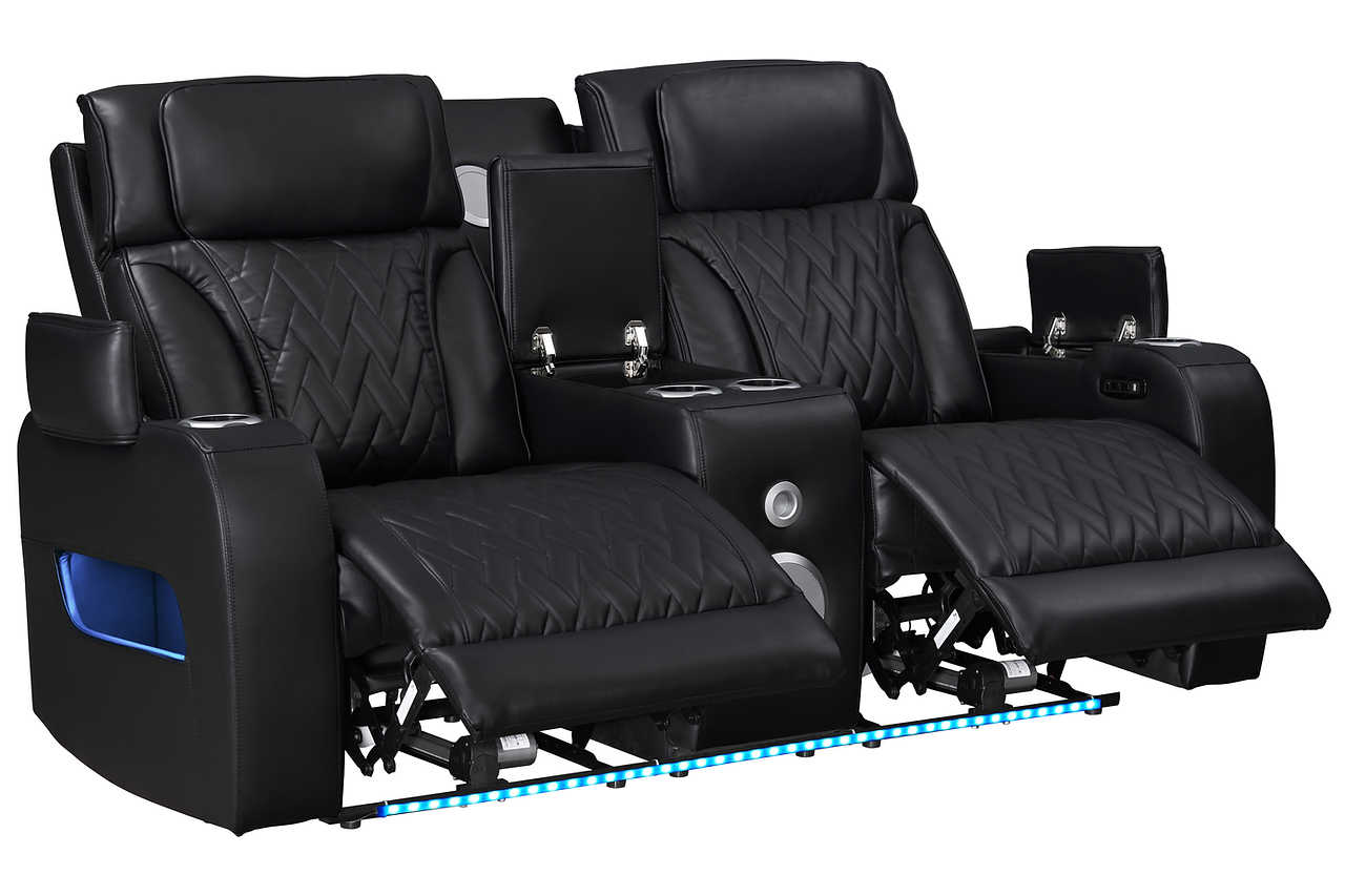 Console with Bluetooth speakers on loveseat