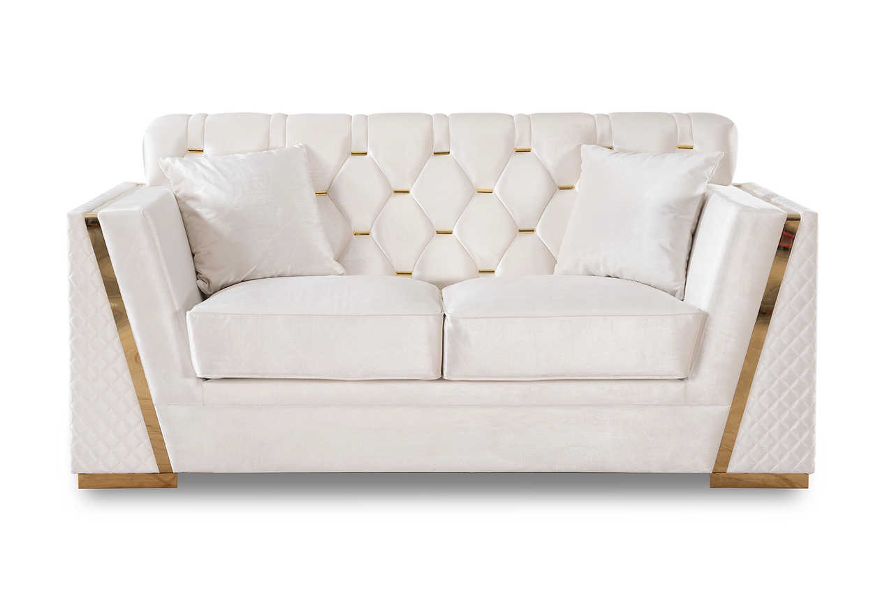 Side angle of Hilena white velvet living room set
