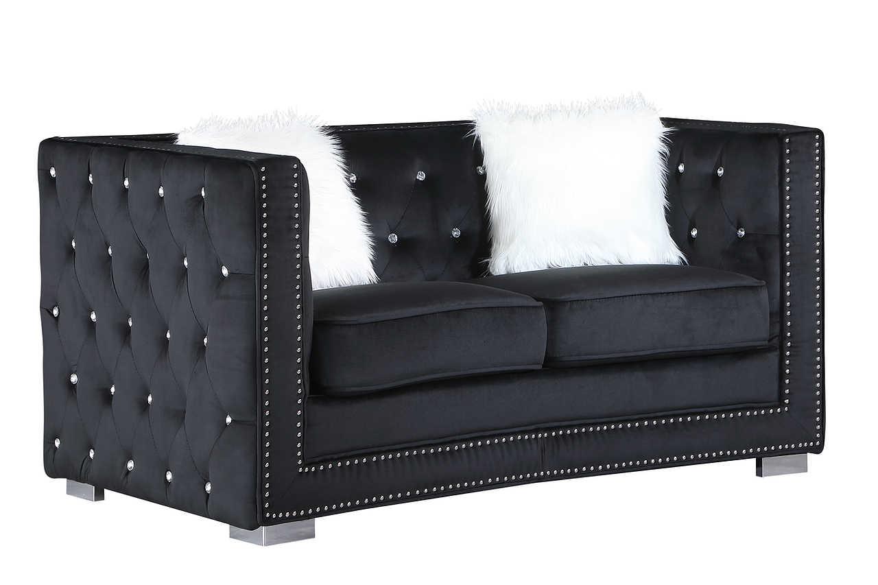Paris Black Velvet Tufted Sofa and Loveseat front angle