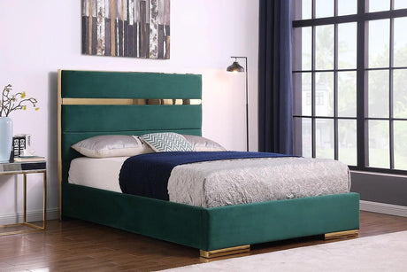 Cartier green and gold velvet upholstered queen platform bed angled side view