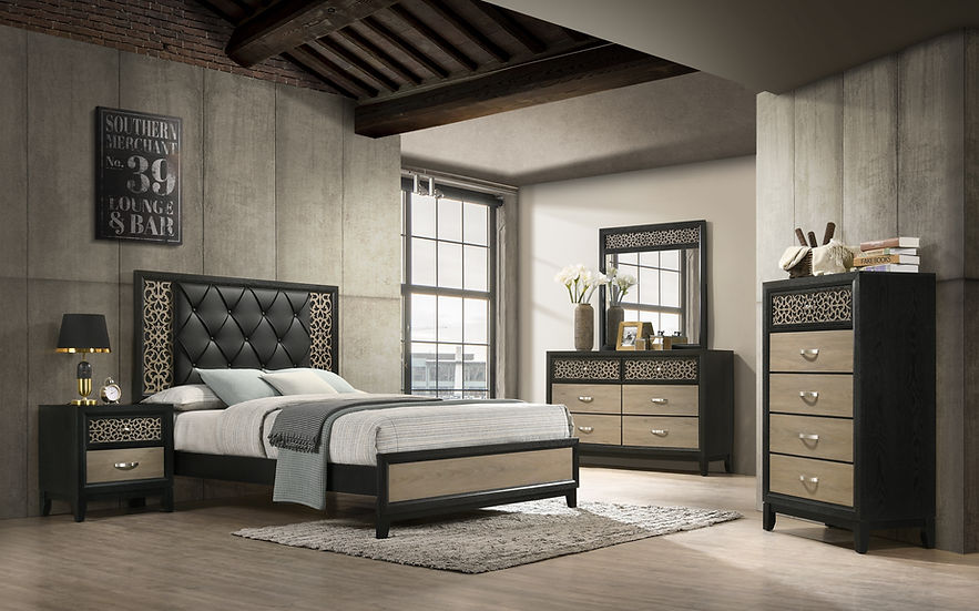 main view of Paro Black Grey Faux Leather Tufted Panel Bedroom Set bed