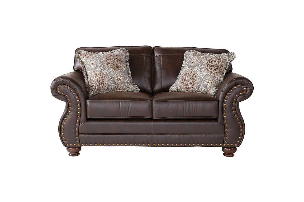 Close-up detail of polished brown fabric upholstery on Ridgeline Brownie sofa