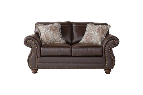Ridgeline Brownie Loveseat front view in brown fabric upholstery