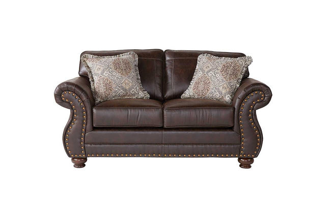 Ridgeline Brownie Loveseat front view in brown fabric upholstery