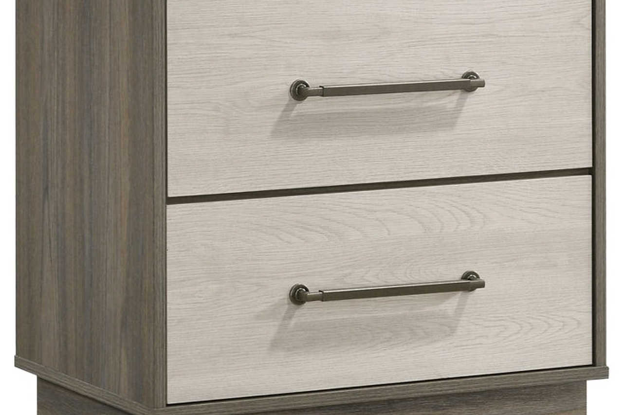 side view of River Light Gray Bookcase Platform Bedroom Set bed