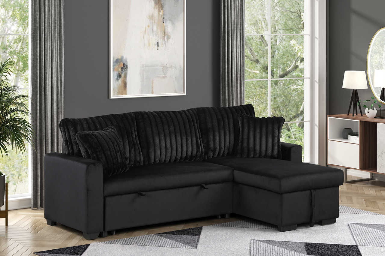 main view of Nori black upholstered sectional sofa with pull-out bed